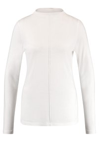 Långärmad vit topp, tillverkad av mjukt tyg, med hög hals, smal passform och en mittsöm detalj på baksidan.