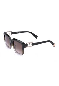Lunettes de soleil carrées oversize noires avec verres marron dégradés et charnières métalliques dorées sur fond blanc.