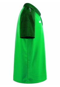 Groene sportshirt met korte zwartgestreepte mouwen, voorzien van een polokraag en een logo op de borst. Gemaakt van een glad, lichtgewicht materiaal.