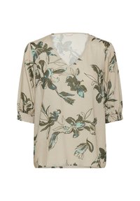Blusa floreale con scollatura a V, maniche corte elastiche, tessuto beige con motivi floreali verdi e teal, leggerezza e texture semi-trasparente.