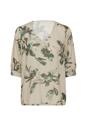 Blouse florale avec un décolleté en V, manches courtes élastiques, tissu beige avec des motifs floraux verts et teal, texture légère et semi-transparente.
