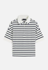 Polo a maniche corte a righe in blu navy e bianco, con colletto intrecciato, patta con tre bottoni e polsini a costine per una maggiore texture.