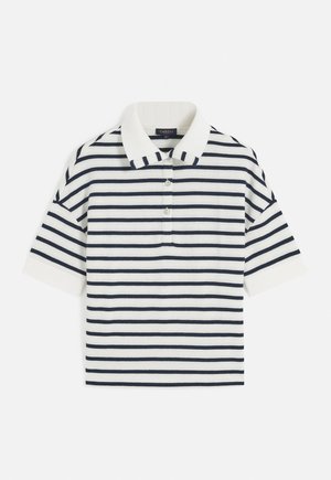 Polo a maniche corte a righe in blu navy e bianco, con colletto intrecciato, patta con tre bottoni e polsini a costine per una maggiore texture.
