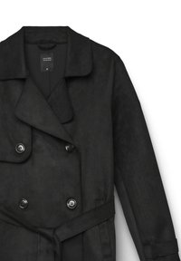 Cappotto nero doppiopetto con ampie rever, sei bottoni, cintura in vita e maniche lunghe realizzato in tessuto simile alla pelle scamosciata, taglia piccola.