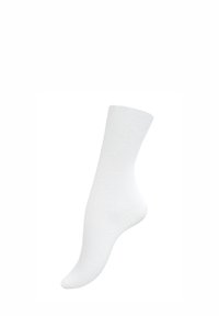 Calzino di cotone bianco con texture a coste, lunghezza a metà polpaccio, superficie liscia e design della punta senza cuciture, adatto per l'abbigliamento casual.