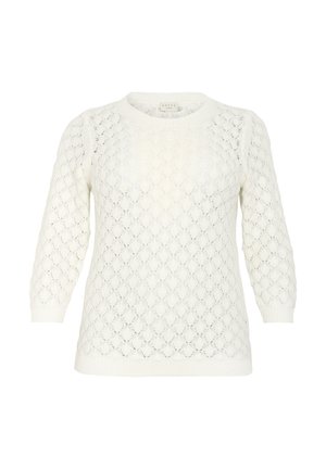 Maglione bianco lavorato a maglia con motivo a rombi, scollo tondo e maniche a tre quarti. Finitura strutturata con vestibilità ampia.