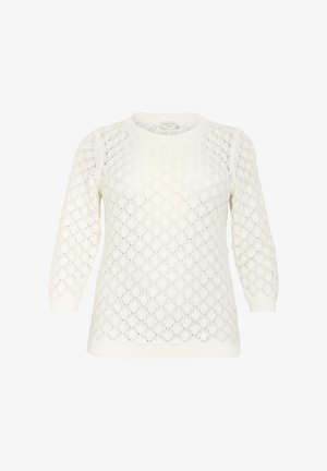 Suéter blanco de punto con un patrón de diamantes, cuello redondo y mangas de tres cuartos. Acabado texturizado con un corte holgado.