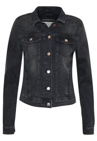 Svart denimjacka med en klassisk design, två bröstfickor, knäppning framtill och kopparfärgad hårdvara. Långa ärmar med åtsittande manschetter.