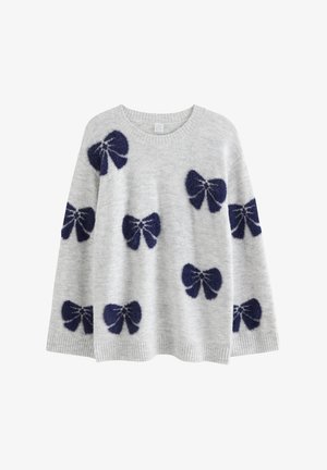 Maglione grigio chiaro in maglia con motivi a fiocco peloso blu navy sparsi su davanti e maniche, caratterizzato da scollo rotondo e polsini a coste.