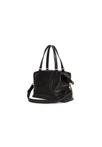 Borsa tote in pelle nera con manici superiori doppi e un tracolla rimovibile. Dotata di chiusura con zip e dettagli in metallo color oro.