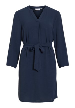 Vestito blu navy al ginocchio con maniche 3/4, scollo a V, cintura legata in vita e patte sulle maniche con bottoni.