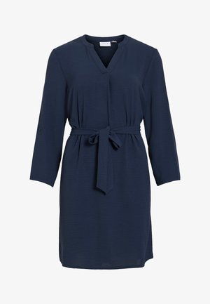 Vestito blu navy al ginocchio con maniche 3/4, scollo a V, cintura legata in vita e patte sulle maniche con bottoni.