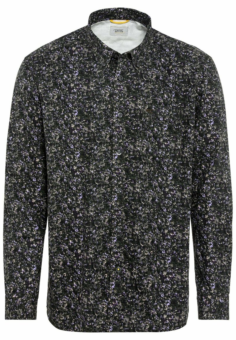 Schwarze Hemd mit Knopfleiste und einem floralen Muster in Lila und Weiß. Lange Ärmel, standardmäßiger Kragen und ein leichtes Gewebe.