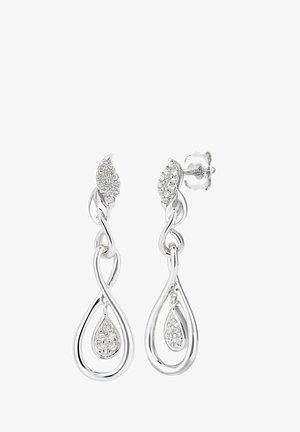 Srebrne uhane z ukrivljenim dizajnom, okrašene z listnim motivom in obliko kapljice, okrašene z majhnimi prozornimi dragimi kamni za bleščanje.