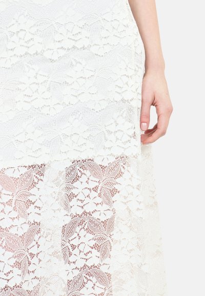 Robe en dentelle blanche ornée de motifs floraux et d'un design superposé. Le tissu est transparent avec des détails complexes et une texture fluide.