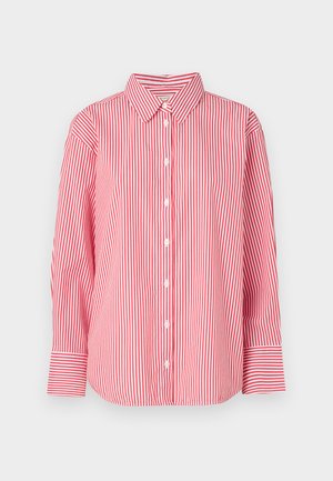 Sarkanais un baltais vertikāli svītrotais krekls ar garām piedurknēm, pogu aizdari, apkakli un platām aprocēm, izvietots uz vienkrāsaina baltā fona.