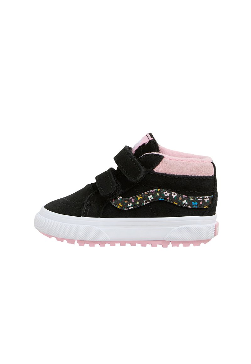Black suede high-top sneakers with pink accents, floral side pattern, velcro straps, and white rubber sole with pink tread.