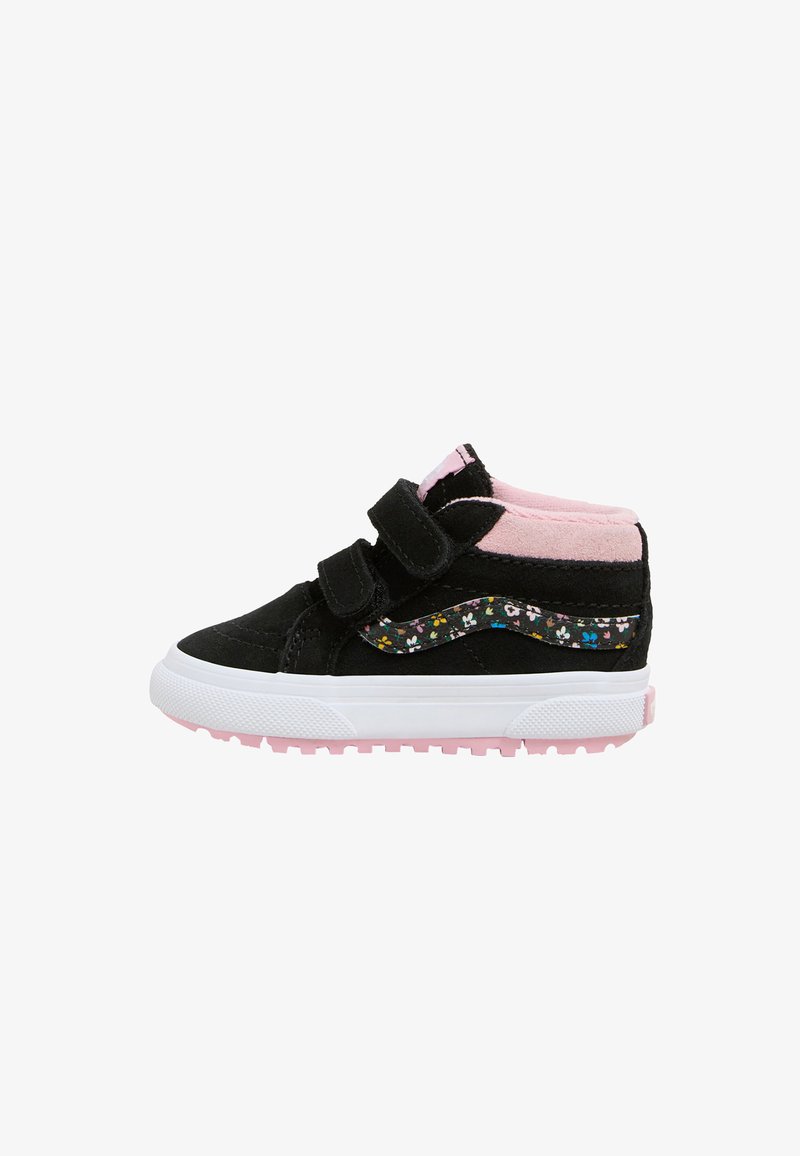 Black suede high-top sneakers with pink accents, floral side pattern, velcro straps, and white rubber sole with pink tread.