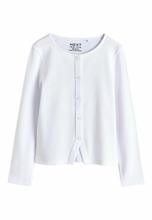 Biely rebrovaný kardigán s dlhým rukávom, okrúhlym výstrihom a piatimi gombíkmi vpredu, s jemne rozdeleným lemom, vyrobený v Bangladéši.