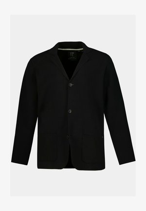 Blazer noir avec un col cranté, deux poches avant, trois boutons et un tissu texturé. Présente des détails subtils au niveau du col intérieur.
