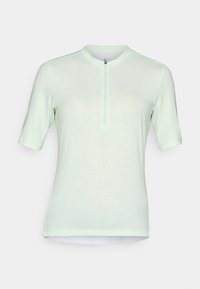Lichtgroen shirt met korte mouwen, hoge hals en een rits aan de voorkant, gemaakt van een zachte, ademende stof. Getailleerd ontwerp met platte naden.