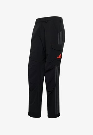 Black cargo pants with side pockets, red logo on thigh, and three dark grey reflective stripes down the leg.