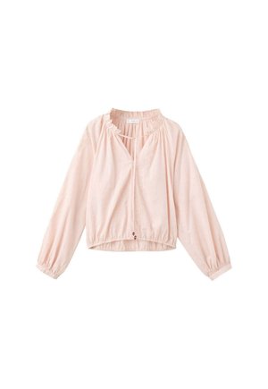 Blusa de manga larga de color rosa claro con puños elásticos, cuello fruncido y cierre frontal con lazo.
