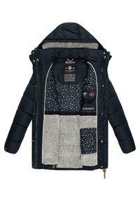 Navy blue padded jacket with a fur-lined hood, featuring a geometric patterned lining, multiple interior pockets, and a logo tag.