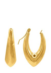 Orecchini a cerchio in oro con una finitura liscia e lucida, caratterizzati da un design appuntito e arrotondato, che mette in risalto una silhouette a U allargata.