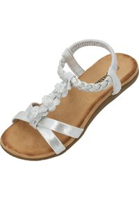 Sandal bianco con cinturino intrecciato e decorazioni floreali, dotata di una soletta in materiale scamosciato e suola piatta in gomma.