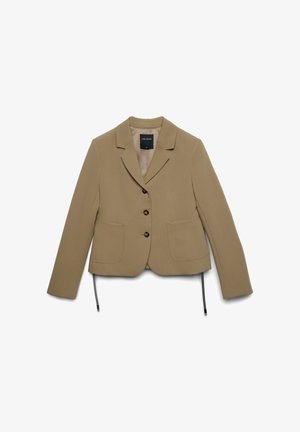 Khaki blazer with a fitted design, lapel collar, two front pockets, three-button closure, and drawstring hem. Material is smooth and structured.