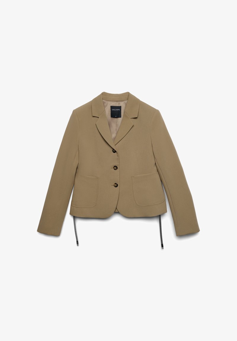 Blazer kaki dal design aderente, con colletto a risvolto, due tasche frontali, chiusura a tre bottoni e orlo con coulisse. Il materiale è liscio e strutturato.