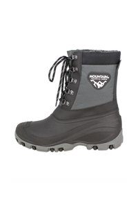 Zwarte winterboot met grijs stof en rubber, voorzien van een vetersluiting, textuur op de neus en een logopatch aan de zijkant.