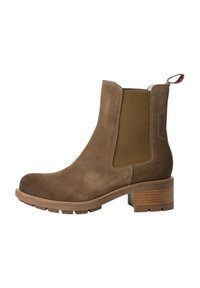 Bottine en suede marron, avec des panneaux élastiques, un bout arrondi et un talon bloc texturé. Comprend une languette pour un enfilage facile.