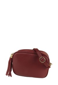 Rote Umhängetasche aus strukturiertem Leder mit einem goldfarbenen Reißverschluss und Quasten-Detail. Verfügt über eine rechteckige Form und einen verstellbaren Riemen.