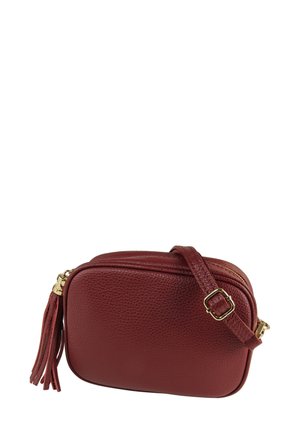Rode crossbodytas van gestructureerd leer met een gouden ritssluiting en kwastaccent. Heeft een rechthoekige vorm en een verstelbare band.