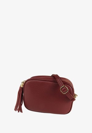 Rode crossbodytas van gestructureerd leer met een gouden ritssluiting en kwastaccent. Heeft een rechthoekige vorm en een verstelbare band.