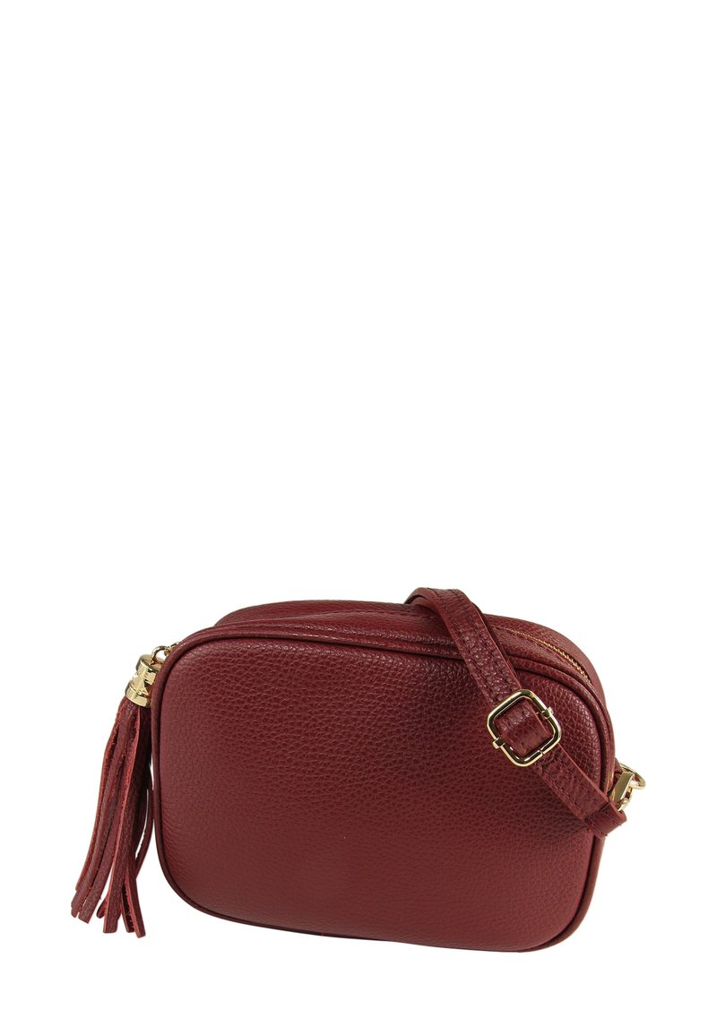 Rote Umhängetasche aus strukturiertem Leder mit einem goldfarbenen Reißverschluss und Quasten-Detail. Verfügt über eine rechteckige Form und einen verstellbaren Riemen.