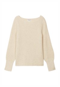 Maglione ribbed color beige chiaro con scollatura ampia, maniche lunghe a palloncino e vestibilità rilassata. Realizzato in un morbido materiale a maglia testurizzata.