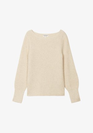 Pull en maille côtelée beige clair avec un col large, des manches ballon longues et une coupe décontractée. Fait en matière tricotée douce et texturée.