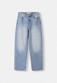 Light blue jeans, high-waisted, wide-leg cut. Faded detailing, classic five-pocket style, and metal button at the waistband.