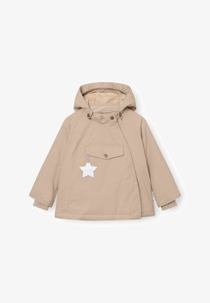 Beige jacket with a hood and a front pocket, featuring a soft interior lining, snap buttons, and a hanging tag in a star shape.