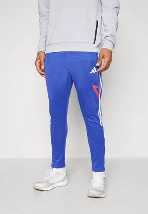 Pantalones deportivos azules con acentos rojos, que presentan franjas blancas a lo largo de los lados y un ajuste ceñido. Combinados con zapatillas ligeras de color gris.