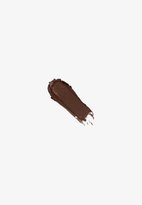 Brown cream cosmetic swatch with a smooth texture, featuring a rich, dark shade and tapered edges. Background is plain white.