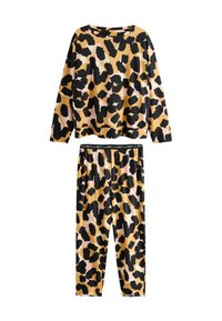 Leopardmönstrad lounge-set, som består av en långärmad topp och matchande byxor. Färgerna inkluderar guld, svart och mjuk rosa. Mjuk material, avslappnad passform.