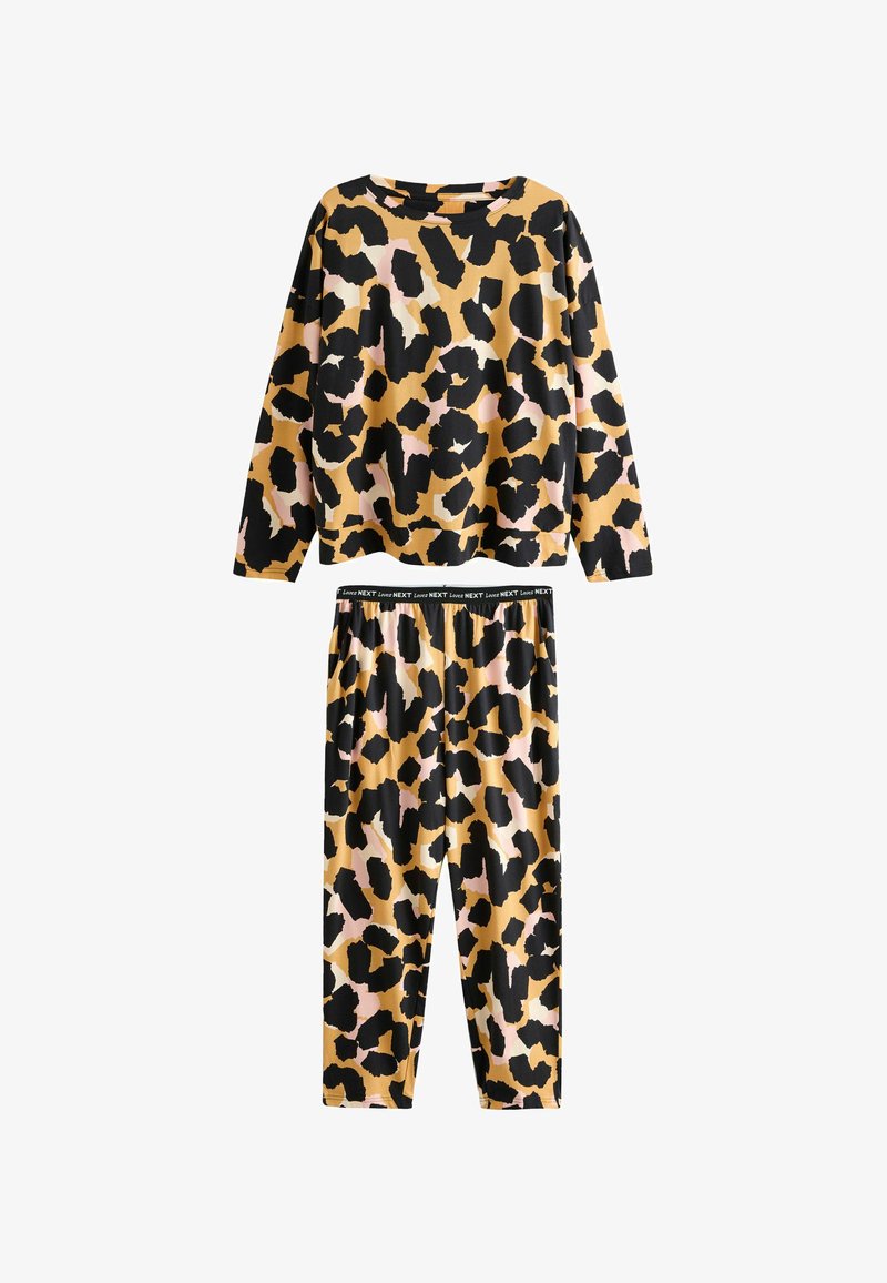 Leopárdmintás otthoni viselet, hosszú ujjú felsővel és hozzá illő nadrággal. Színei: arany, fekete és lágy rózsaszín. Puha anyag, laza szabás.