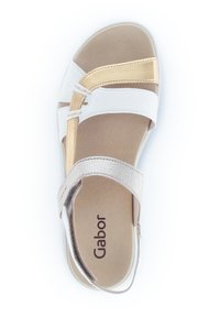 White and gold sandal with wide cross straps, a textured silver accent, and a cushioned beige insole. Branded "Gabor" on the footbed.