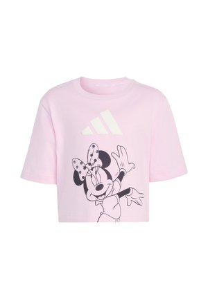 T-shirt court rose clair avec logo Adidas blanc et motif Minnie Mouse en noir et blanc avec un nœud à pois sur le devant.