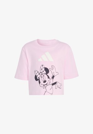 Lyserød crop-top med hvidt Adidas-logo og sort-hvid Minnie Mouse-grafik med prikket sløjfe foran.
