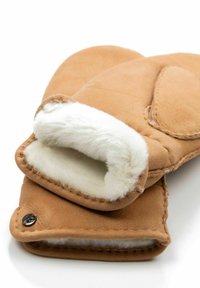 Brown suede mittens with a white soft fleece lining. Features stitched edges and a metal logo accent. Open cuff design for easy wear.